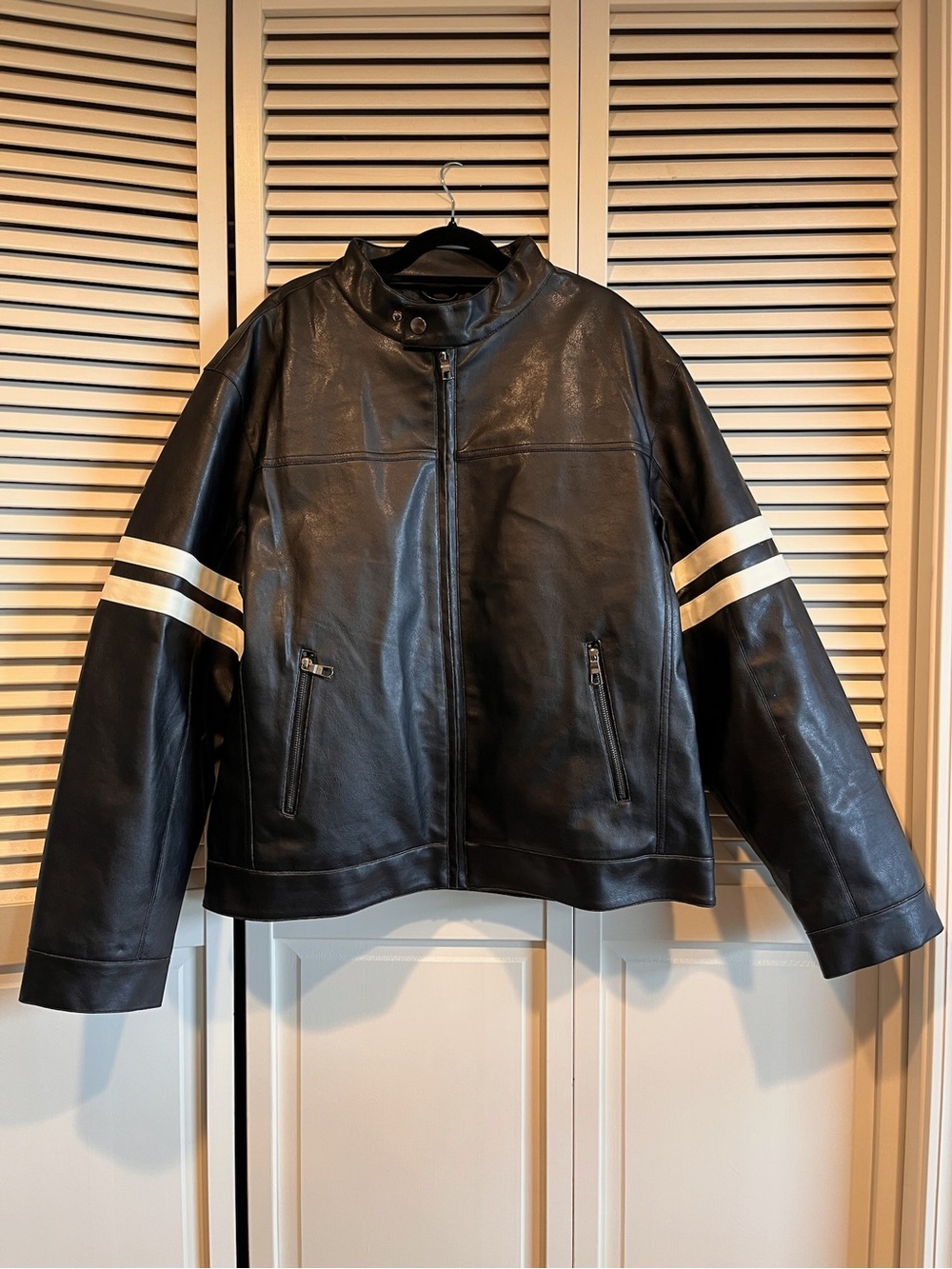 Brave Soul Black Leather Bomber Jacket with White Sleeve Stripes